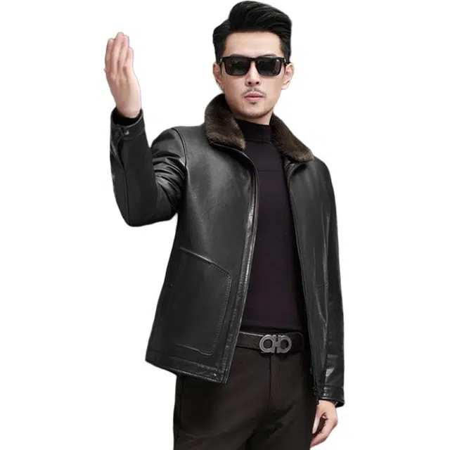 比利斯山羊 时尚休闲水貂毛领内胆真皮皮衣 男女同款