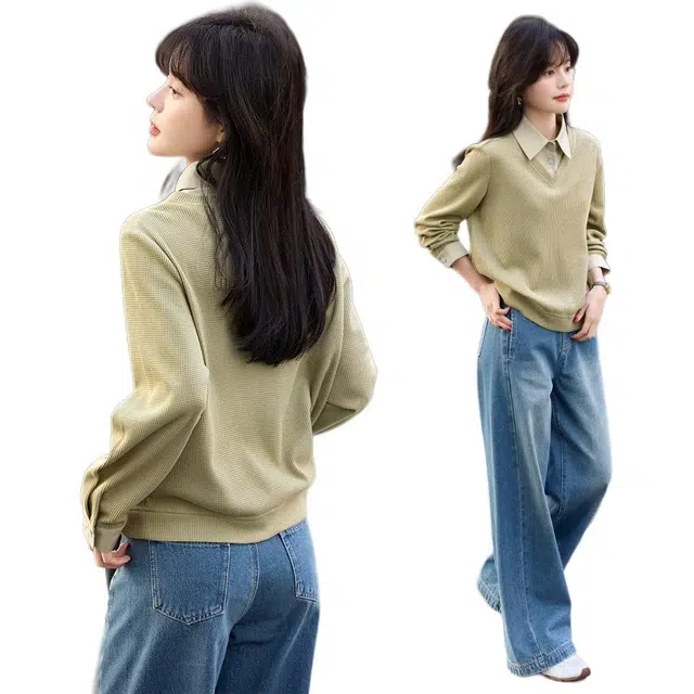 沫晗依美 假两件套头长袖卫衣 女款 绿色