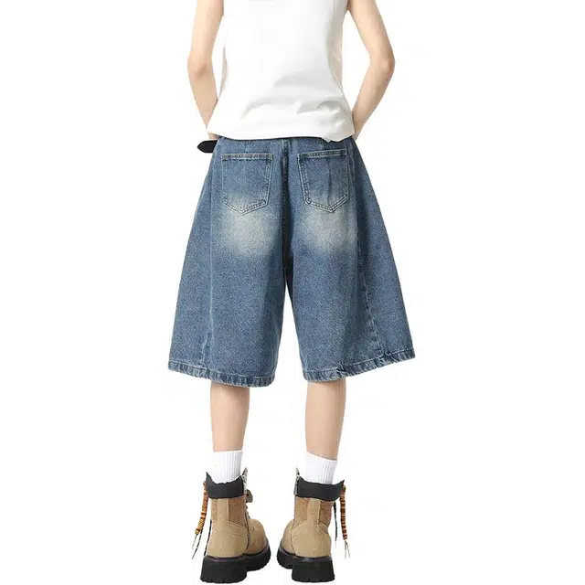 单爵 潮牌阔腿弯刀五分裤子直筒薄款牛仔短裤 男女同款