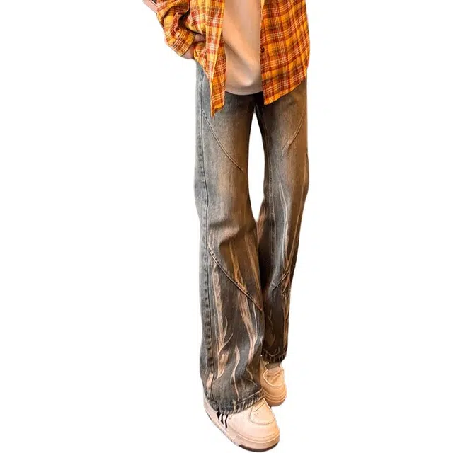 单爵 美式扎染微喇薄款阔腿直筒垂感高街牛仔裤 男女同款
