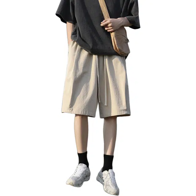 八哥 美式夏季街头高街风基础款松紧系带宽松舒适纯色款多巴胺直筒五分裤时尚百搭休闲短裤 男女同款