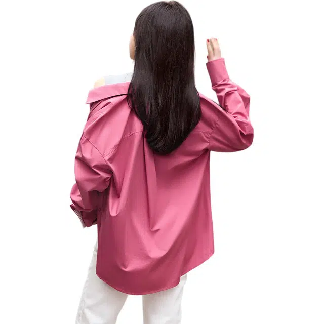 沫晗依美 翻领保暖拼接长袖衬衫 女款 玫粉色