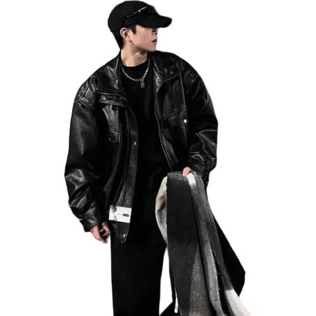 【美式复古宽松廓形机车外套】布客行 赛博朋克痞帅酷飒不羁狂野硬朗摇滚叛逆防水防风日常出行翻领设计院风秋冬百搭夹克 男女同款