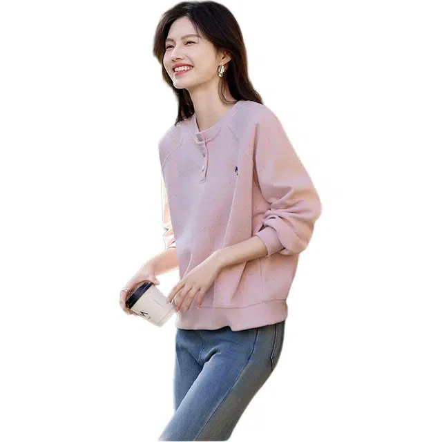 沐晓欣 减龄刺绣长袖上衣简约时尚小个子圆领宽松百搭女卫衣 女款