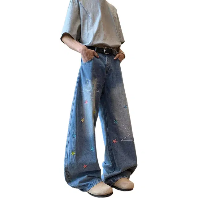 佐菲利 美式复古星星刺绣弯刀夏季宽松显瘦阔腿长裤子潮牛仔裤 男女同款