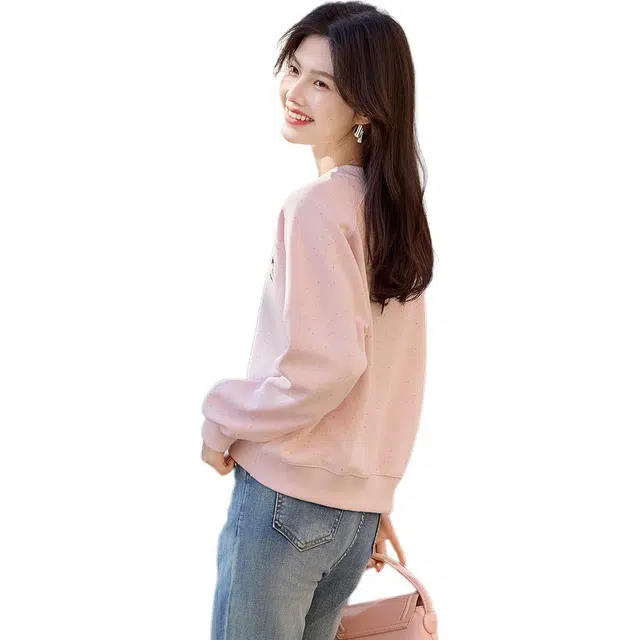 沐晓欣 减龄刺绣长袖上衣简约时尚小个子圆领宽松百搭女卫衣 女款
