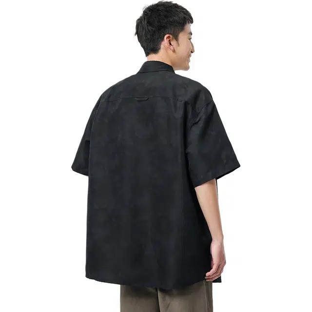 米素力 美式休闲宽松翻领短袖衬衫 男款 黑色
