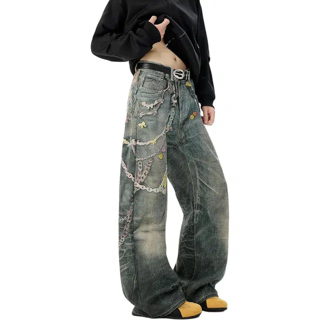 袋鼠 高个子加长版型长裤美式复古显瘦百搭基础款通勤阔腿裤高街糖果链数码印花牛仔裤 男女同款