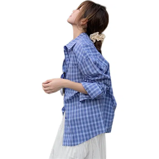 黛尔佳人 百搭舒适格子长袖衬衫 女款 蓝色