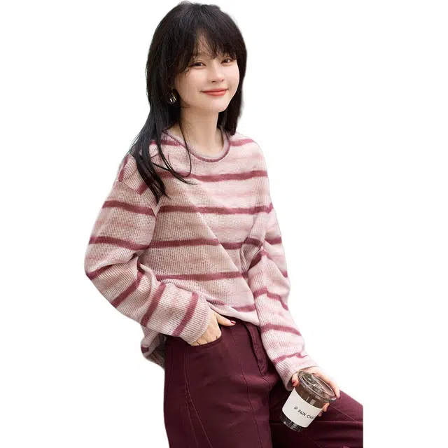 沫晗依美 撞色圆领套头宽松长袖卫衣 女款 粉色