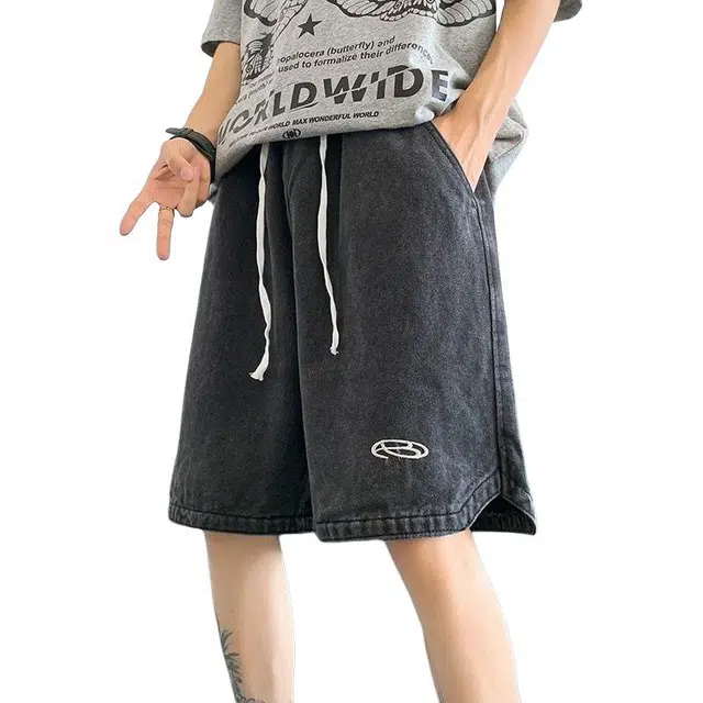 木木兔 港风水洗做旧潮牌牛仔短裤 男款