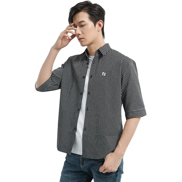 古鲨 潮流条纹百搭五分袖衬衫 男款