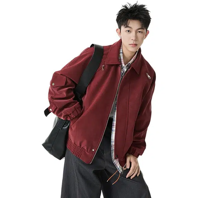 佐菲利 美式冰裂纹皮面工装美拉德宽松休闲外套潮流痞帅上衣夹克 男女同款