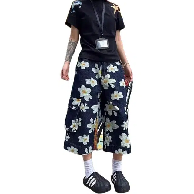 拓菲 美式复古邹菊印花工装七分裤街头设计感阔腿牛仔短裤 男女同款