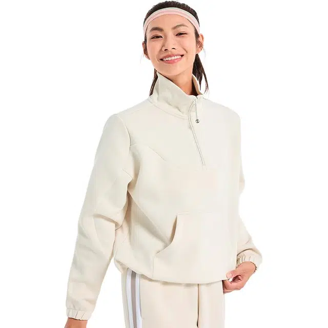 特步 综训系列 纯色套头运动长袖卫衣 女款 明月白