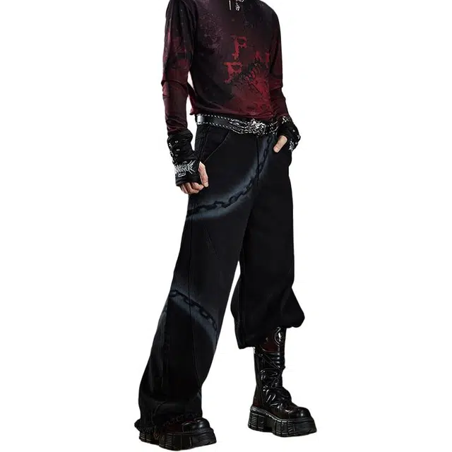 一碗士多 美式复古高街小众百搭设计感拼接宽松阔腿直筒垂感拖地痞帅时尚个性通勤户外日常牛仔裤 男女同款