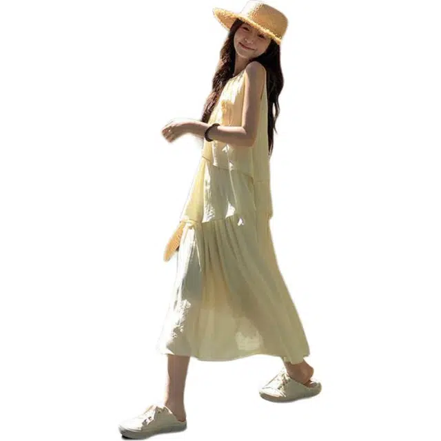 水中花 小个子温柔旅游甜美气质长裙子无袖连衣裙 女款