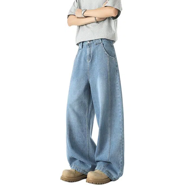 宝米卡 高街复古弯刀作旧水洗裤子直筒宽松痞帅时尚潮牌阔腿休闲长裤牛仔裤 男女同款