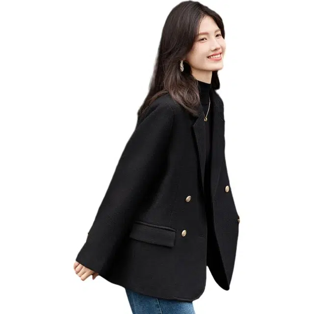 苏醒的乐园 纯色百搭西装领双排扣长袖大衣 女款 黑色