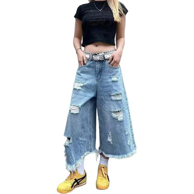 拓菲 美式高街复古水洗破洞七分裤子休闲宽松阔腿流苏牛仔短裤 男女同款