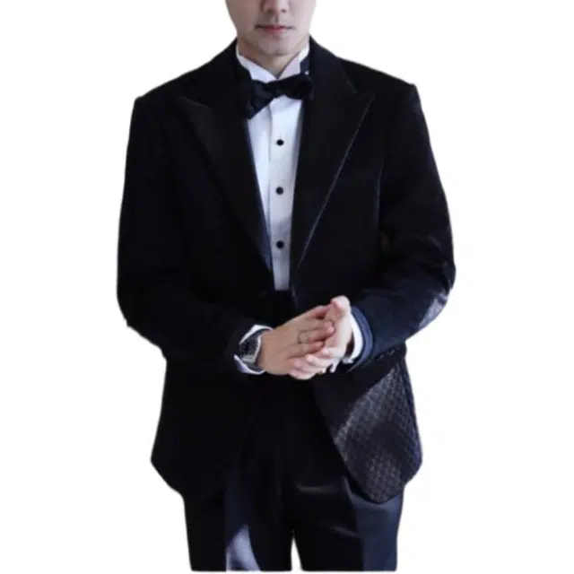 大格子与黑猫 黑色缎面戗驳领塔士多礼服棋盘格纹抗皱修身结婚新郎婚礼西服西装 男款