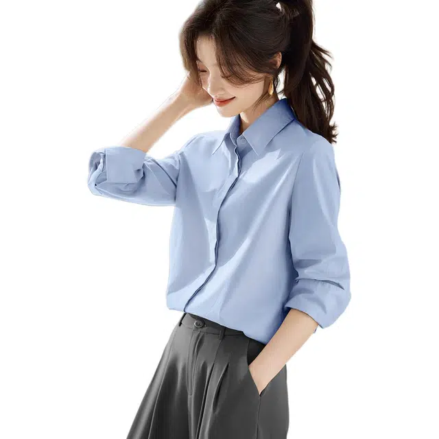 沫晗依美 挺括轻职场纯色翻领商务通勤日常便服长袖衬衫 女款