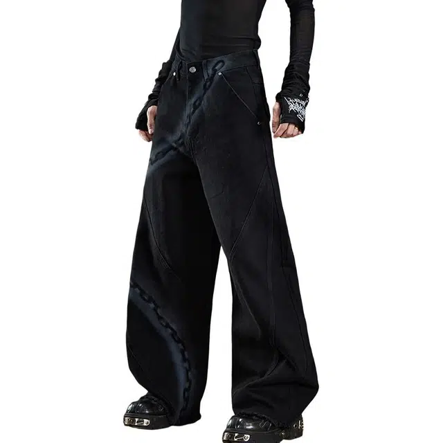 一碗士多 美式复古高街小众百搭设计感拼接宽松阔腿直筒垂感拖地痞帅时尚个性通勤户外日常牛仔裤 男女同款