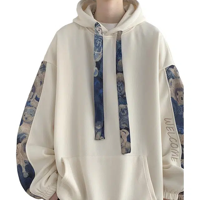 袋鼠 美式复古高街宽松百搭小熊拼接连帽长袖卫衣 男女同款