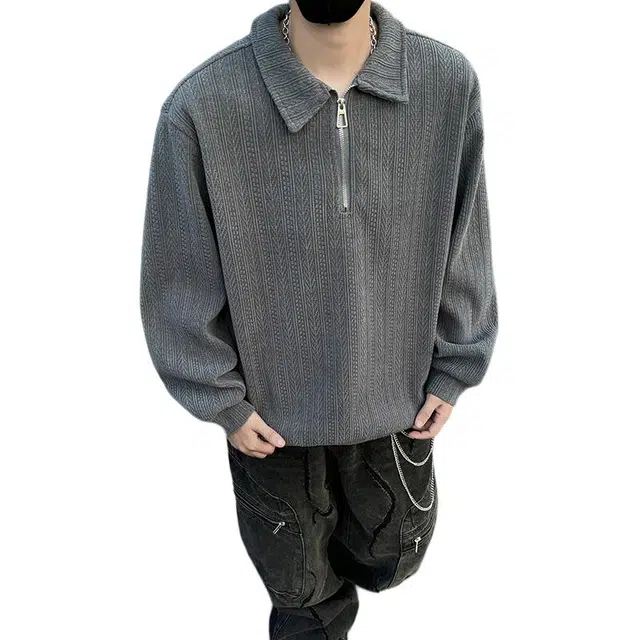 袋鼠 重磅高街舒适套头日常落肩时尚潮流基础款黑墙麦穗纹本拉链翻领潮牌大码宽松上衣卫衣 男女同款