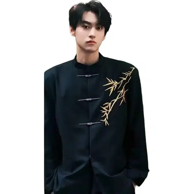 袋鼠 国潮新中式翠竹刺绣立领中山装唐装西服结婚订婚礼服垫肩国风夹克 男女同款