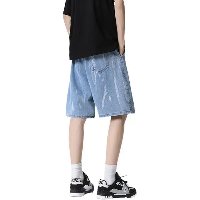 佐菲利 美式复古水洗做旧五分裤子设计感宽松直筒牛仔短裤 男款