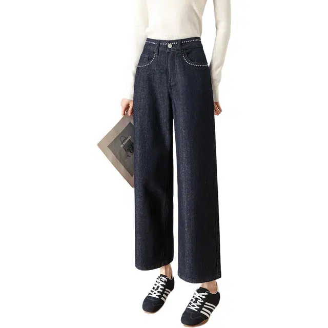 惟熙 直筒裤高腰刺绣九分裤牛仔裤 女款