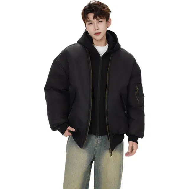 零氏 美式高街简约假两件纯色百搭宽松时尚基础款加厚保暖防寒连帽外套棉服 男女同款