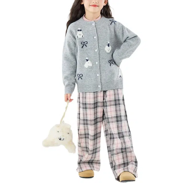 憨憨象 加绒格子甜美风阔腿长裤厚儿童运动裤 秋冬 青少年