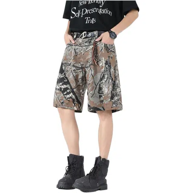 法文箱子 美式复古树枝纹理感高街小众设计感五分休闲短裤 男款