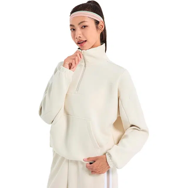 特步 综训系列 纯色套头运动长袖卫衣 女款 明月白