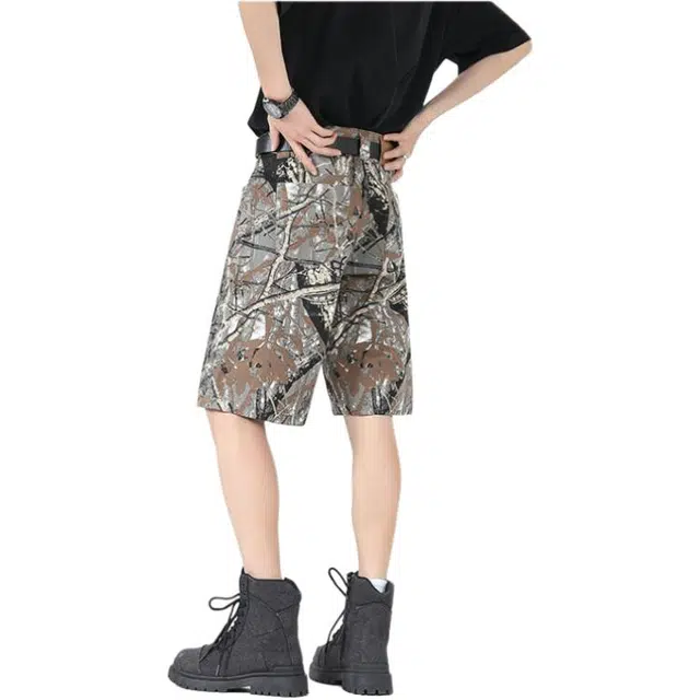 法文箱子 美式复古树枝纹理感高街小众设计感五分休闲短裤 男款