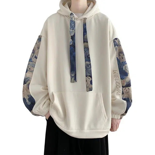 袋鼠 美式复古高街宽松百搭小熊拼接连帽长袖卫衣 男女同款