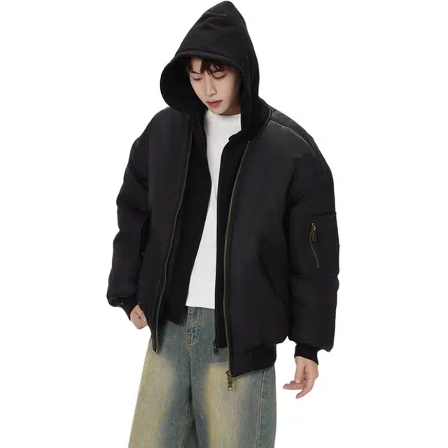 零氏 美式高街简约假两件纯色百搭宽松时尚基础款加厚保暖防寒连帽外套棉服 男女同款