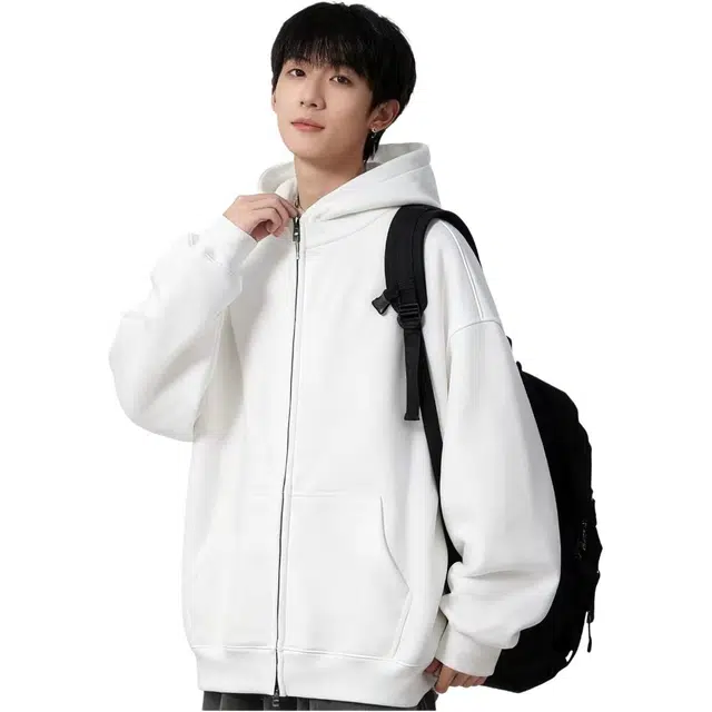 华夏儿女 美式学院风纯色宽松连帽拉链开衫长袖 柔软舒适适合多场景穿搭卫衣 男女同款