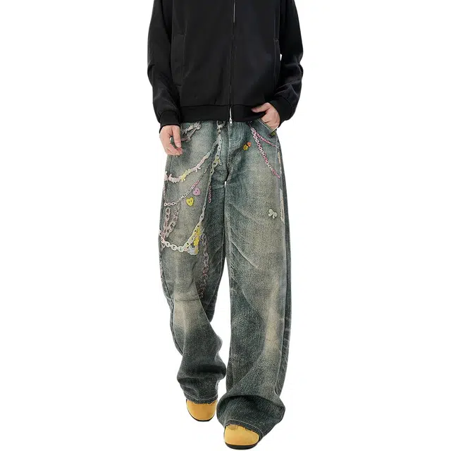 袋鼠 高个子加长版型长裤美式复古显瘦百搭基础款通勤阔腿裤高街糖果链数码印花牛仔裤 男女同款