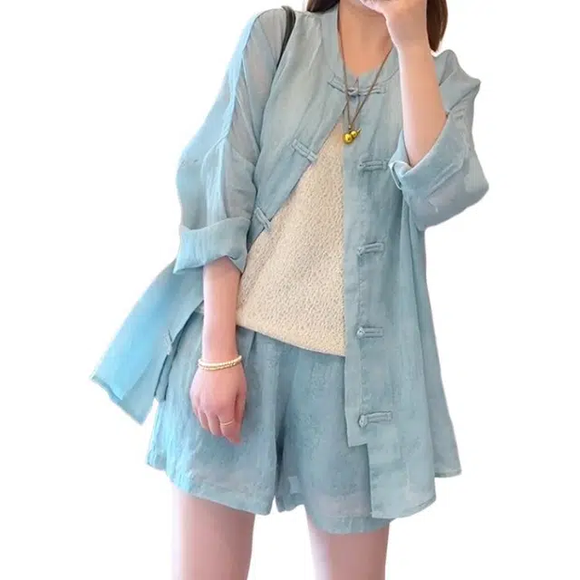 沐晓欣 大方得体穿搭一整套防晒盘扣衬衫裤子新中式国风套装 女款