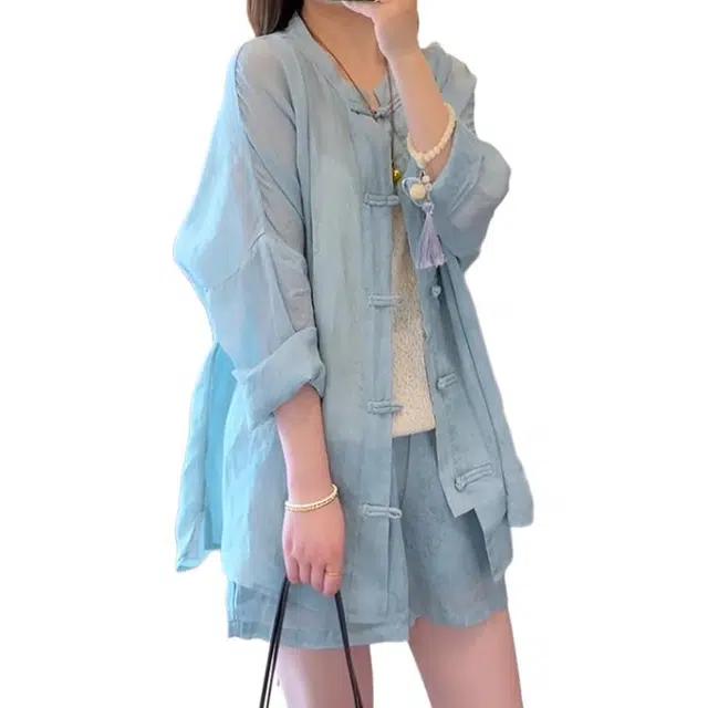 沐晓欣 大方得体穿搭一整套防晒盘扣衬衫裤子新中式国风套装 女款