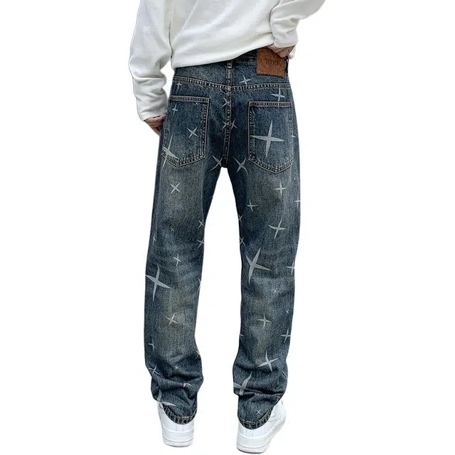 吉肯蒂 高端美式复古星光印花牛仔裤男春秋潮牌宽松直筒长裤 男款