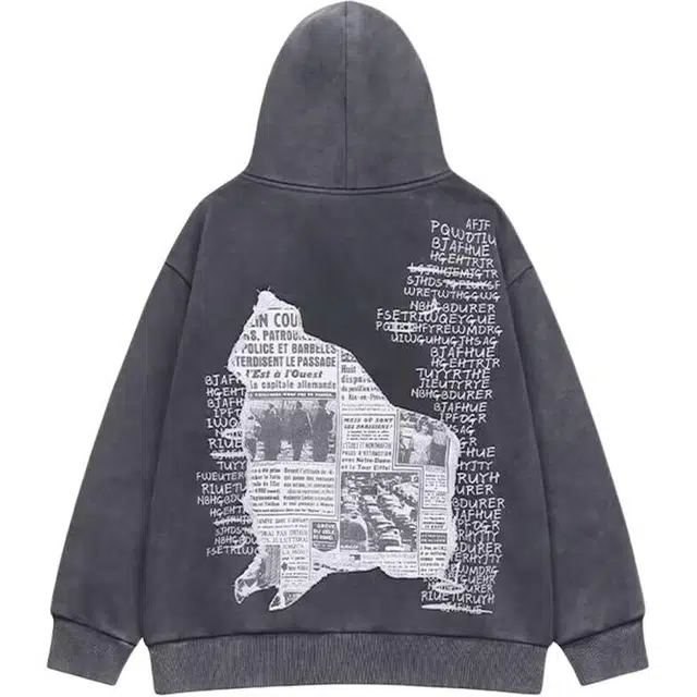 沐诚阳译 秋冬潮牌水洗做旧报纸连帽男女街头复古贴布加绒帽衫卫衣 男款