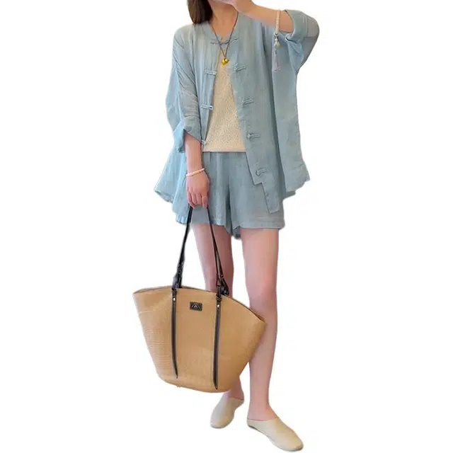 沐晓欣 大方得体穿搭一整套防晒盘扣衬衫裤子新中式国风套装 女款