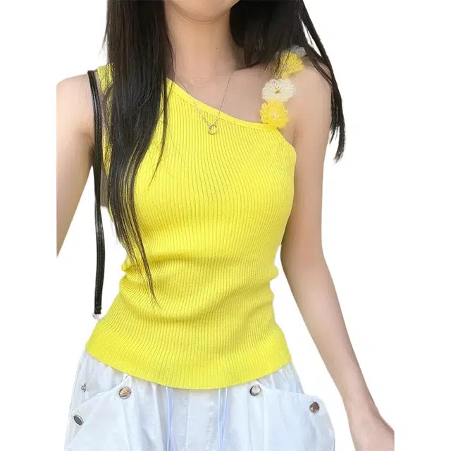 木清清 花朵斜肩针织女夏季泰式甜辣风紧身短款不规则上衣外穿吊带 女款