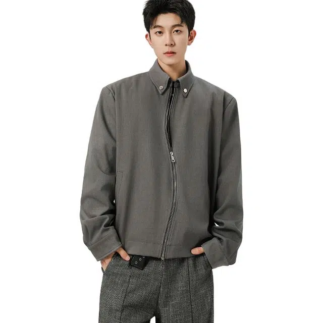 欧路得 美式高街不规则拉链外套女男秋季小众设计感翻领复古休闲上衣夹克 男款