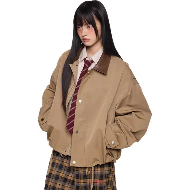 一碗士多  纯色复古巴恩风美式高街小众百搭简约撞色单排扣设计感宽松舒适通勤户外运动落肩袖翻领棒球服 男女同款