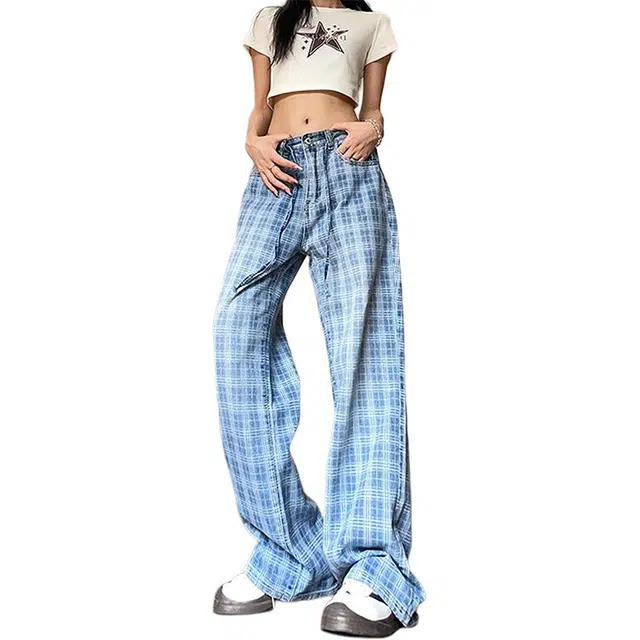 单爵 美式复古格子微喇裤女款拼接设计感裤子牛仔裤 男女同款